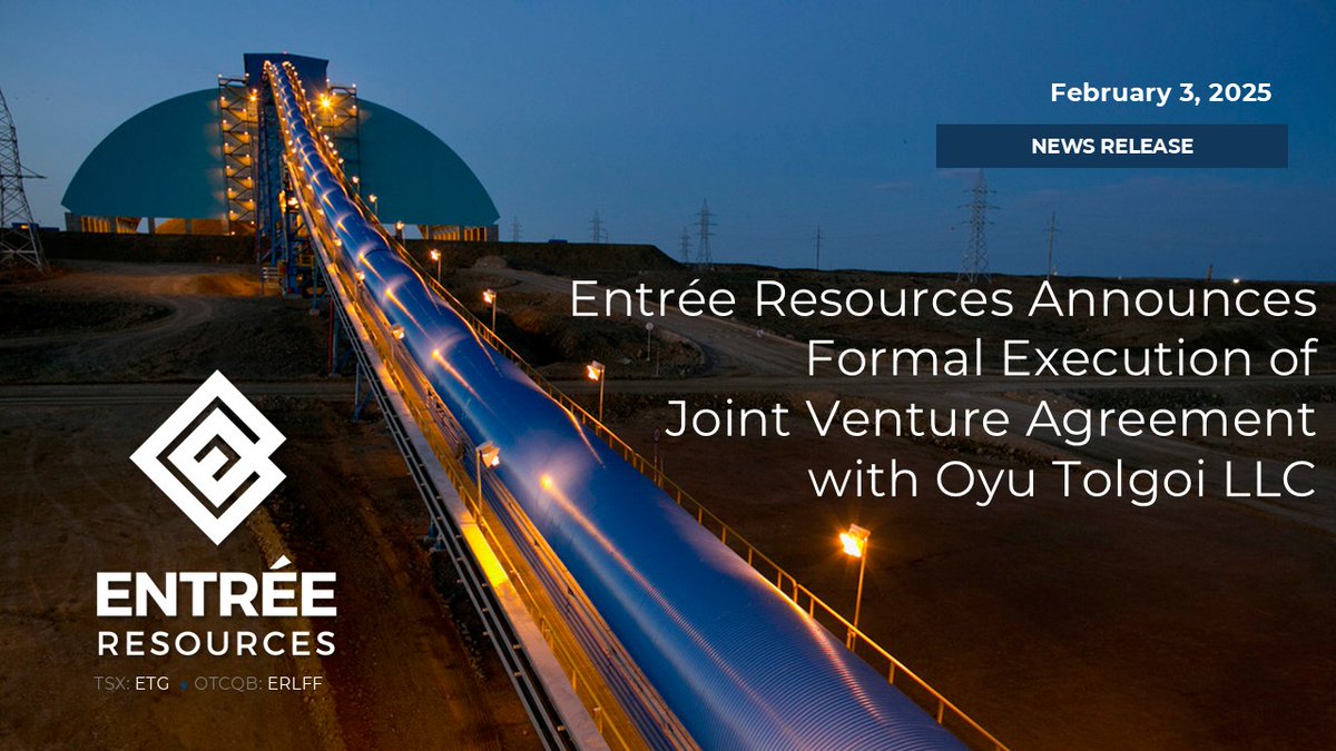 EntreeResource's tweet photo. NEWS - Entree Resources Announces Formal Execution of Joint Venture Agreement with Oyu Tolgoi LLC.
Read the full news at https://t.co/agnNE6dOT4
$ETG $ERLFF #oyutolgoi #EntreeResources #copper #mongolia https://t.co/I02ugl7c9B