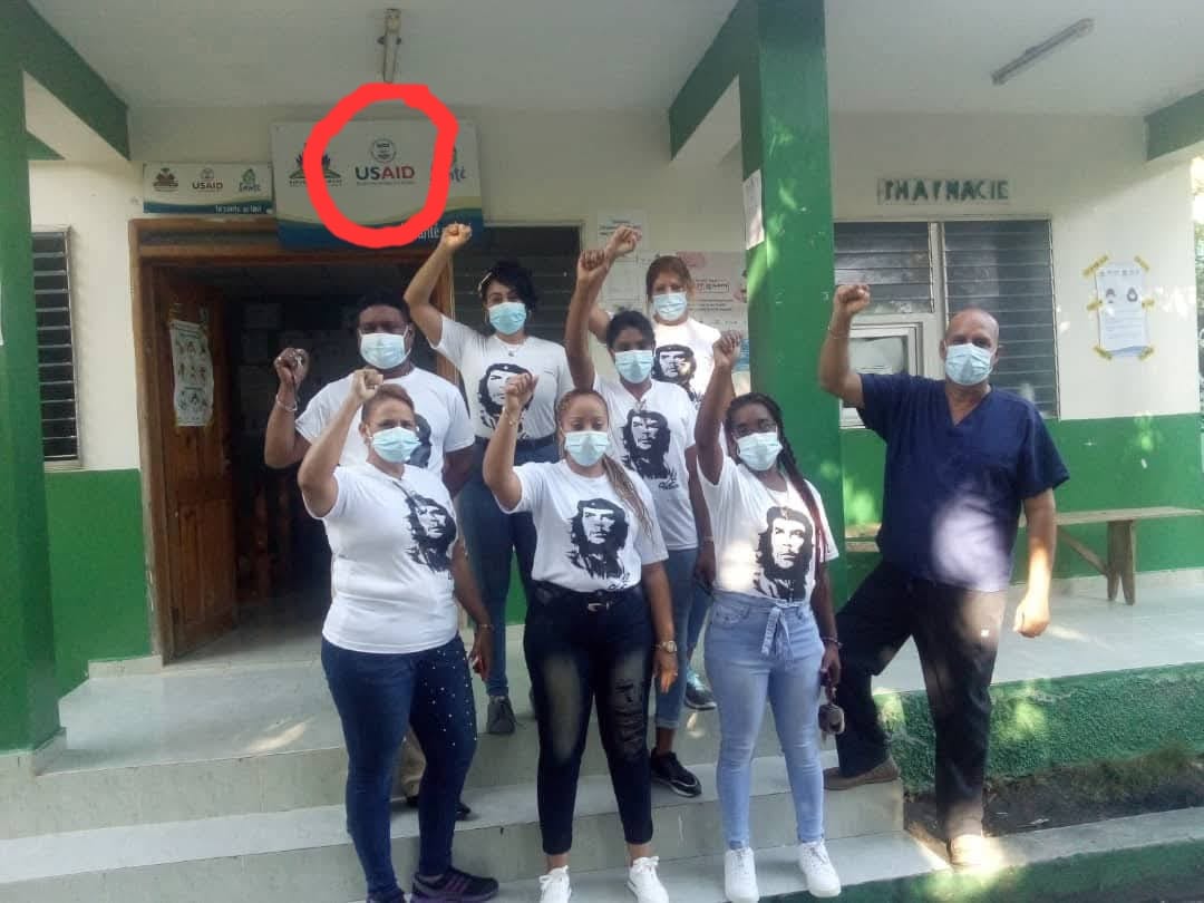 In 2022, members of the Cuban Medical Brigade in Haiti wearing Che Guevara T-shirts posted this. In the background, their place of work, Hospital Jules Fleury in Nippes, financed by #USAID. Since 2019 <a href="/StateDept/">Department of State</a> placed Cuba on Tier 3 for human trafficking in Medical Brigades.