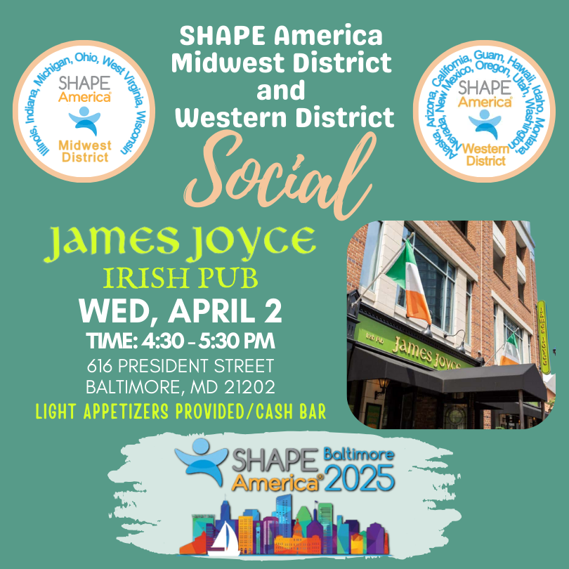 SHAPE America Midwest District - SHAPE Midwest (@shapeamericamw) on Twitter photo 📢Please mark your 📅for the
<a href="/ShapeAmericaMW/">SHAPE America Midwest District - SHAPE Midwest</a> & <a href="/SHAPEAmericaWD/">SHAPE America Western District</a> social
at #SHAPEBaltimore on
Wednesday, April 2 from 4:30-5:30 🕰️ at
James Joyce Irish Pub!
ALL MWD & WD attendees, professionals, future professionals and leaders are invited!
Light appetizers provided/Cash bar 📢Please mark your 📅for the
<a href="/ShapeAmericaMW/">SHAPE America Midwest District - SHAPE Midwest</a> & <a href="/SHAPEAmericaWD/">SHAPE America Western District</a> social
at #SHAPEBaltimore on
Wednesday, April 2 from 4:30-5:30 🕰️ at
James Joyce Irish Pub!
ALL MWD & WD attendees, professionals, future professionals and leaders are invited!
Light appetizers provided/Cash bar