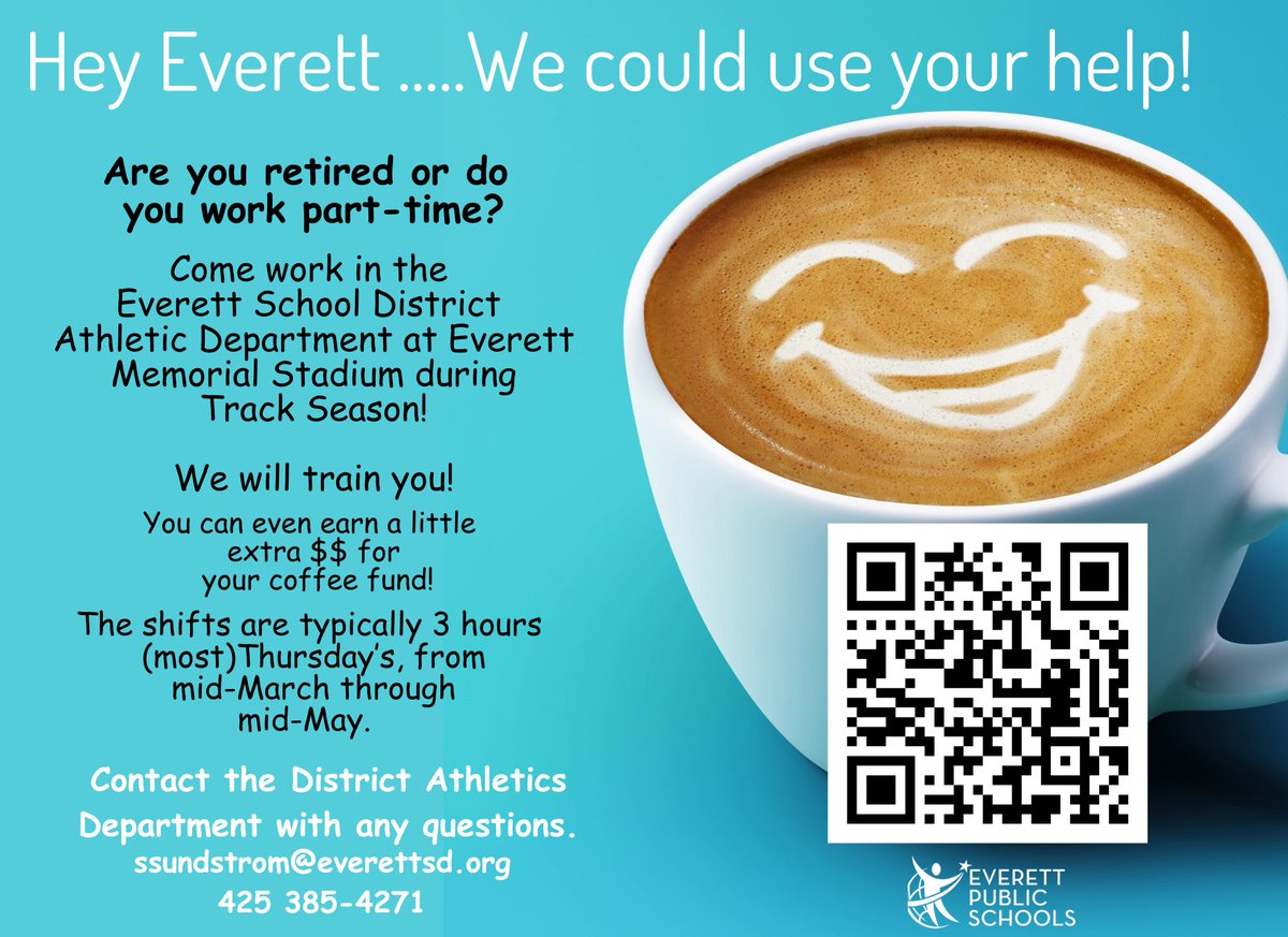 Looking for Game Staff to assist with the District Track Meets at Everett Memorial Stadium! High school meets are on Thursday afternoons from mid-March to early May, along with two middle school meets in mid-May. No experience needed; we will provide training! <a href="/EverettSchools/">Everett Public Schools.WA</a>