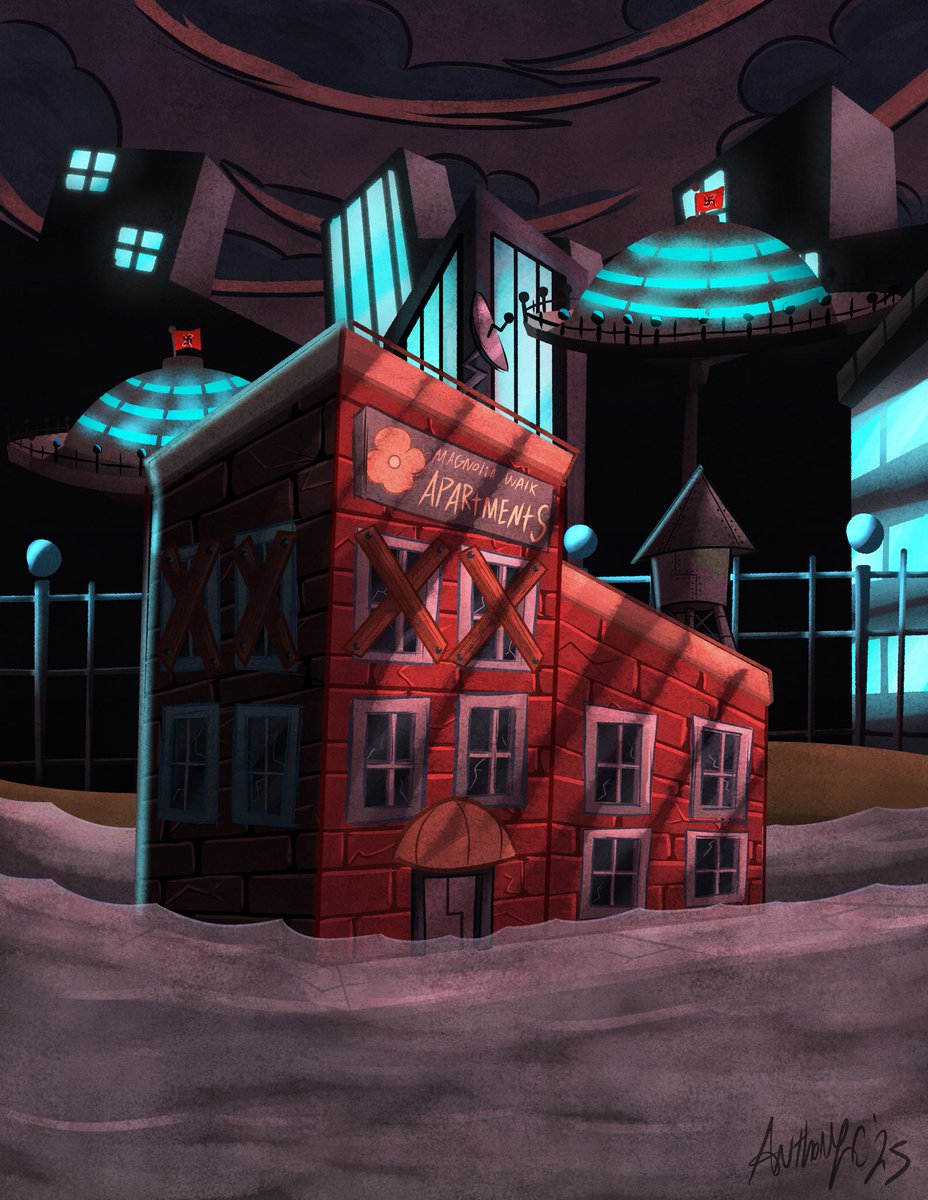 AnthonyC2art's tweet photo. Here’s the finished painting of Egghead’s new home in the cartoon I’ve been developing!
Magnolia Walk Apartments! Ain’t it just beautiful? There’s a free swimming pool all around it! 🤪
#conceptart #artwork #art #clipstudiopaint #cartoonconcept https://t.co/X5omEvc2X2