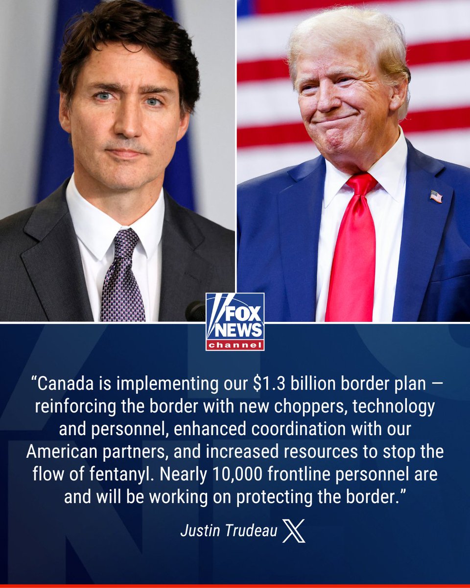 FoxNews's tweet image. &apos;JUSTIN&apos; TIME: Trudeau announces President Trump&apos;s proposed 25% tariff on Canadian goods will be &quot;paused for at least 30 days&quot; as Canada promises to secure the northern border and stop the flow of fentanyl into the US. trib.al/e7ywtUB