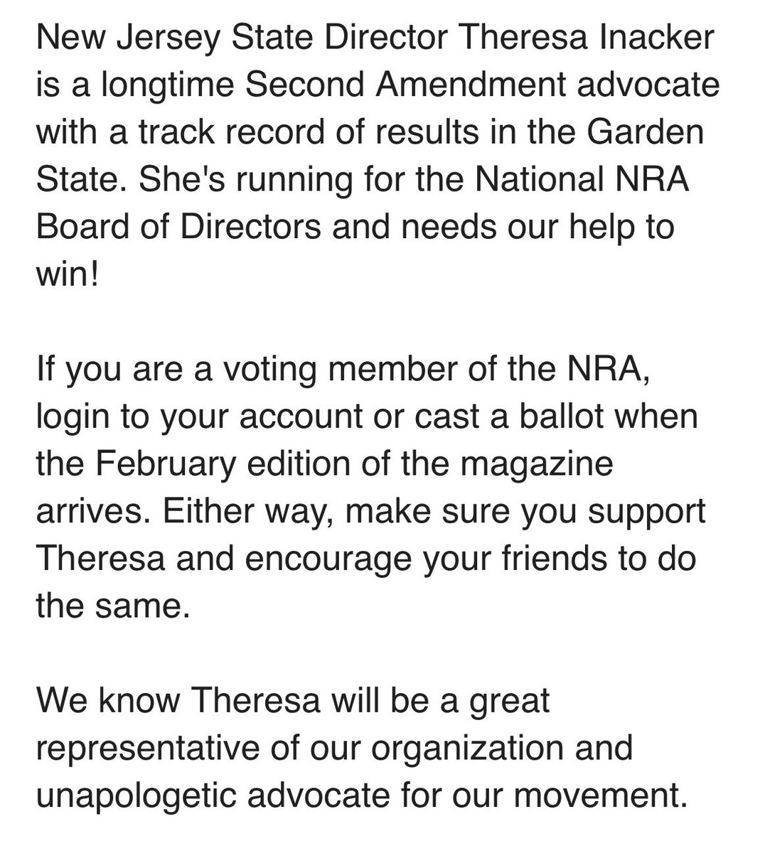 Thank you, <a href="/Women4GunRights/">Women For Gun Rights</a> for your email encouraging folks to vote for me for  <a href="/nra/">NRA</a> Board of Directors. FACT:  I’m an “unapologetic advocate.” <a href="/NJWGR/">NJ-Women For Gun Rights</a> <a href="/cnjfo/">CNJFO-Coalition of New Jersey Firearm Owners</a> <a href="/News2ATeam/">News2A</a> <a href="/REALIZERadio/">EyeOnTheTargetRadio - Amanda Suffecool</a> <a href="/SN_Weekly_/">Shooting News Weekly</a>  <a href="/susanmyers_2a/">Unapologetically Armed</a>