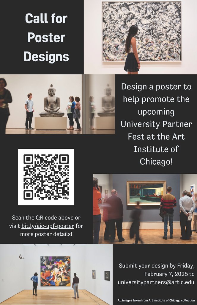 📣 Calling DePaul Students 📣

Design the poster for the upcoming University Partner Fest at the Art Institute of Chicago! Deadline is soon...scan QR code for details!