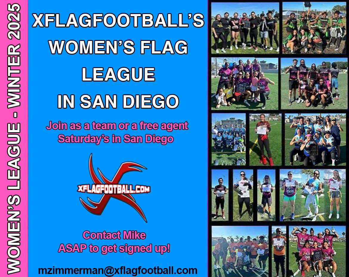 Hello Ladies! XFlagFootballs Saturday Womens league in North Park! Sign up as a team or free agent. Contact us ASAP to get signed up! #flagfootball #xflagfootball #fitness #sports #football #flagfootballleague #california #health #healthy #healthylifestyle 
 #womensflagfootball
