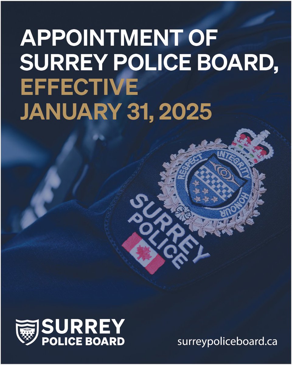 SPSBoard's tweet image. Effective January 31, 2025, the Surrey Police Board has been re-established. Read the full release here: bit.ly/4jXbbXF