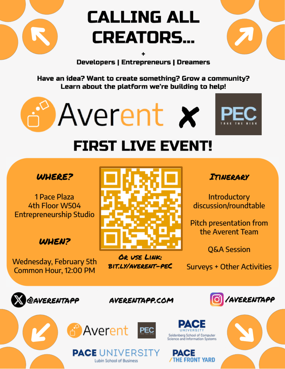AverentApp's tweet photo. We worked together with the Pace Entrepreneurship Club to put together a live pitch event/Q&amp;A/activity session to spread the word about Averent. The itinerary, location, and meeting time can be found on the flyer. RSVP with the QR Code or at https://t.co/kWxHonnkDf. https://t.co/LNHCX0aFex