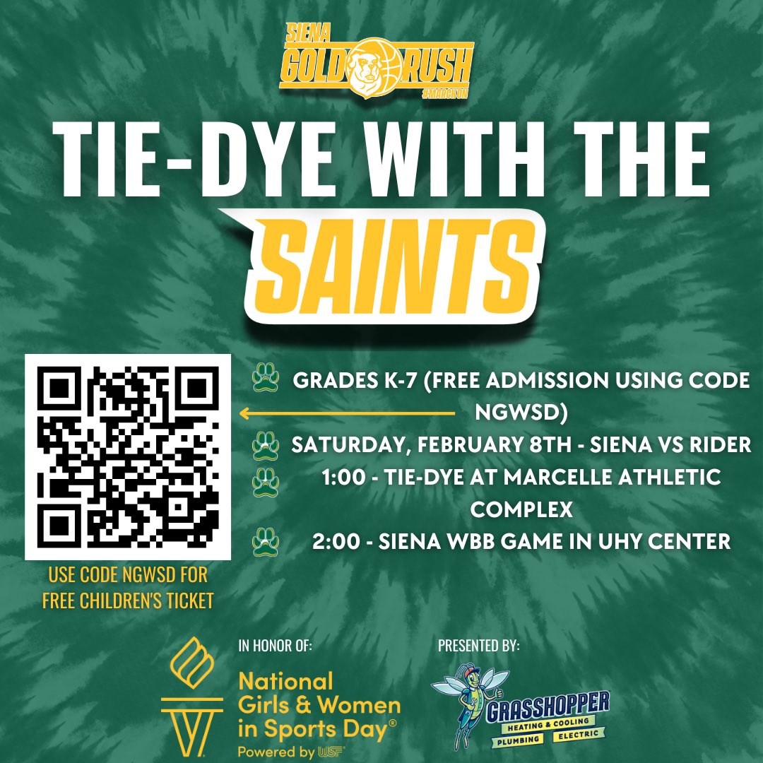 Siena_WBB's tweet photo. 🎨 For National Girls and Women in Sports Day on Sat., Parents who buy a ticket to our 2 PM game against Rider receive a free kids ticket using the code NGWSD! The code aldo secures your child to a pregame tie dye event with the team 👀

🎟️ https://t.co/JAGYuRQcFI

#MarchOn https://t.co/TIZD1NjK4M
