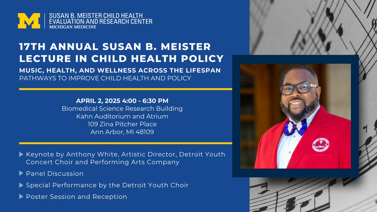 CHEAR (@umchear) on Twitter photo To focus the attention of the University community on the impact of music, health, and wellness across the lifespan, we encourage you to attend the 17th Annual Susan B. Meister Lecture in Child Health Policy!
Keynote: Anthony White, Artistic Director
<a href="/DycOfficial/">Detroit Youth Choir</a> To focus the attention of the University community on the impact of music, health, and wellness across the lifespan, we encourage you to attend the 17th Annual Susan B. Meister Lecture in Child Health Policy!
Keynote: Anthony White, Artistic Director
<a href="/DycOfficial/">Detroit Youth Choir</a>