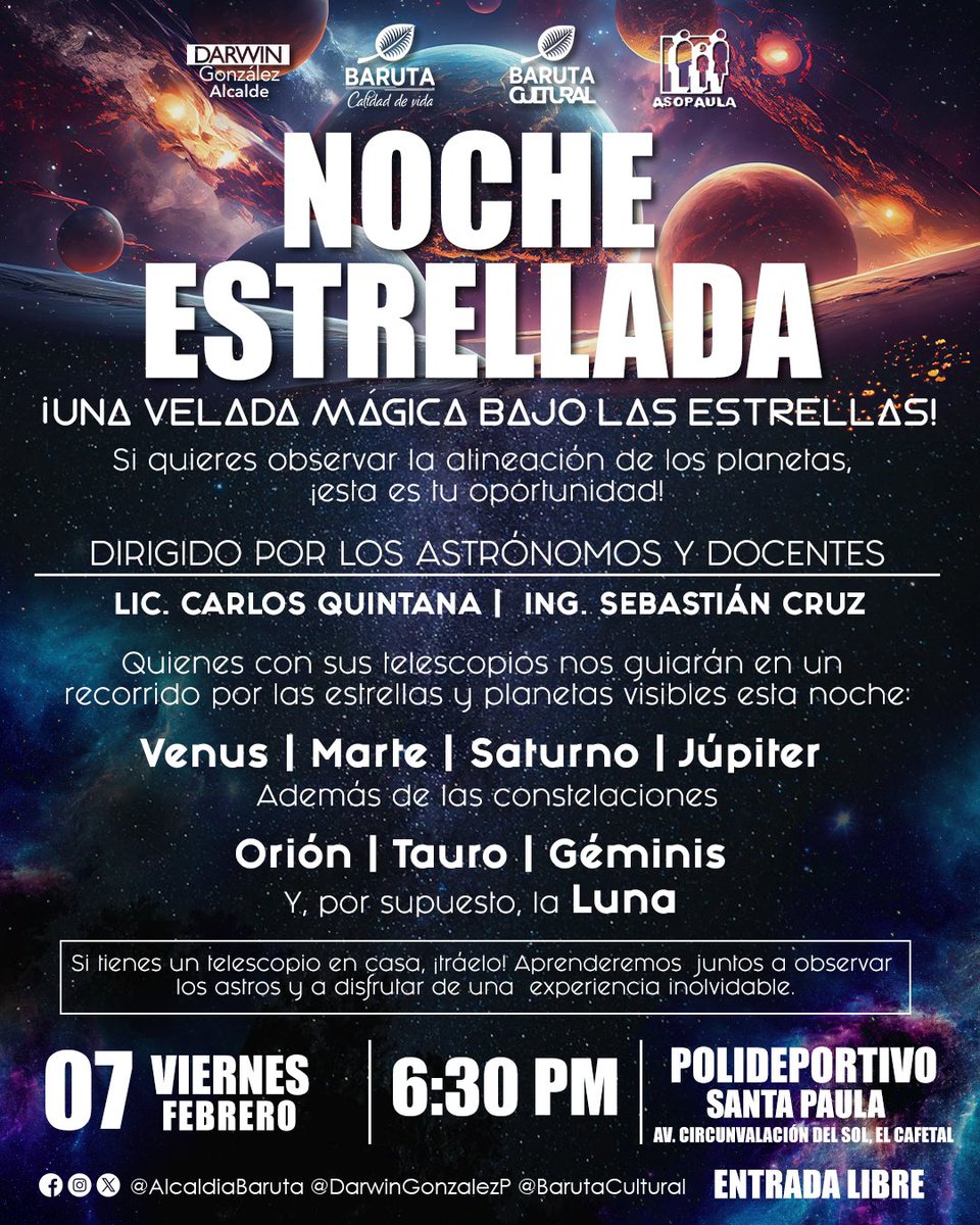 Segunda edición de #NocheEstrellada💫

Aprovecha esta gran oportunidad para observar los astros de nuestro cielo en familia.

🗓️ Viernes #7feb
⏰ 6:30 PM
📍 Polideportivo #SantaPaula

Si tienes telescopio en casa, ¡tráelo! para disfrutar de una experiencia inolvidable.