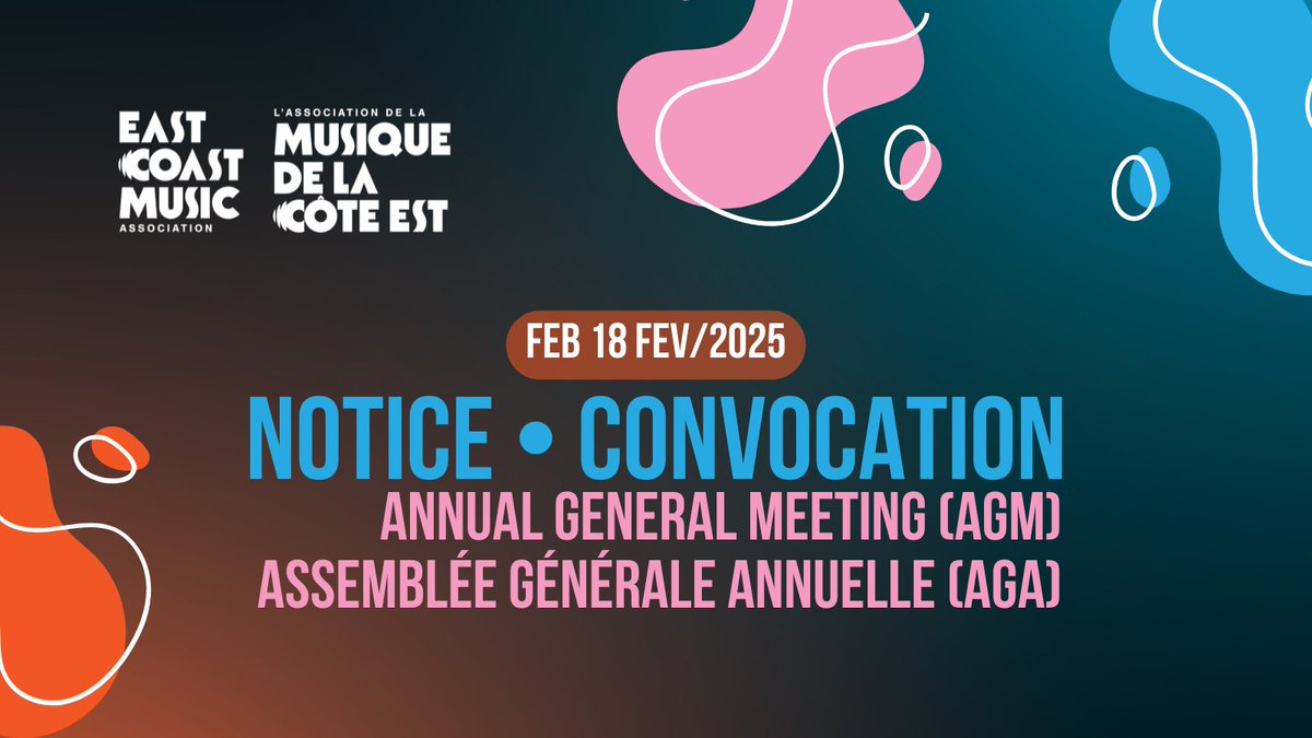 East Coast Music Association (@ecmaofficial) on Twitter photo 📢 The ECMA AGM is Coming Up! 📢 Join us Feb 18, 2025, on Zoom (time TBD) to get updates on progress, future plans, financials & key highlights from the past year. Your support strengthens our community! 💙 RSVP at ecma@ecma.com for the Zoom link. 📢 The ECMA AGM is Coming Up! 📢 Join us Feb 18, 2025, on Zoom (time TBD) to get updates on progress, future plans, financials & key highlights from the past year. Your support strengthens our community! 💙 RSVP at ecma@ecma.com for the Zoom link.