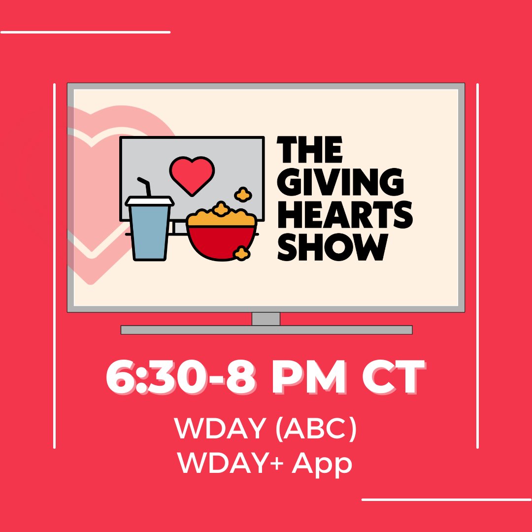 Giving Hearts Day (@givingheartsday) on Twitter photo It's back and better than ever! 📺 The Giving Hearts Show is coming to you LIVE from GHD headquarters on February 13th 6:30 PM - 8 PM ❤️ You can tune in statewide on <a href="/WDAYnews/">WDAY TV News</a> - you won't want to miss it! It's back and better than ever! 📺 The Giving Hearts Show is coming to you LIVE from GHD headquarters on February 13th 6:30 PM - 8 PM ❤️ You can tune in statewide on <a href="/WDAYnews/">WDAY TV News</a> - you won't want to miss it!