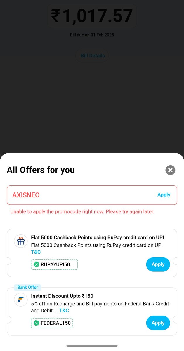hiren207's tweet photo. @Paytmcare 
Facing since the start of the offer while attempting to apply for an AXISNEO during bill payment. Each time I try to use the coupon, I encounter an error message, preventing applying the discount.
#Paytm #CustomerServiceFail
@AxisBankSupport https://t.co/JQZCqillC3