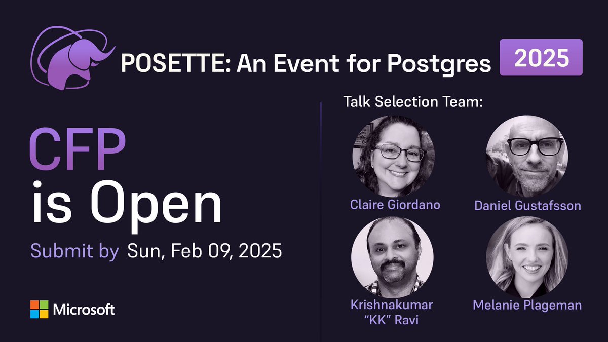 Hosted by the Postgres team at Microsoft, POSETTE brings together devs from all over the globe to share knowledge and best practices. Act fast—call for papers closes on February 9: msft.it/6011Ubh9L