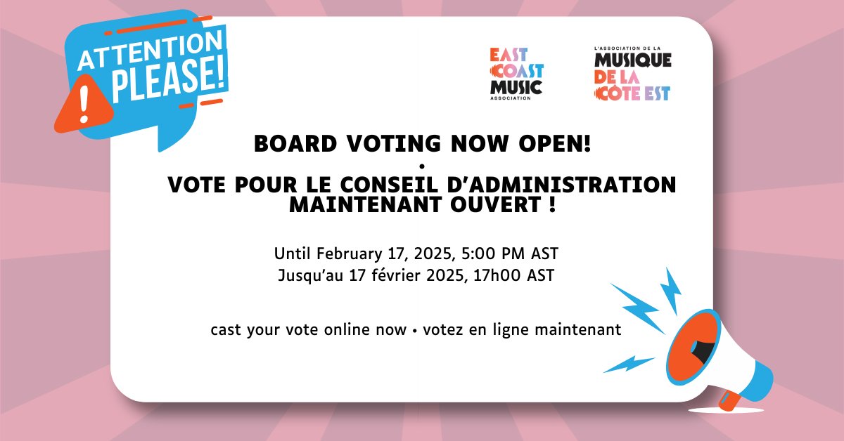 🚨 ECMA Board Voting is OPEN! 🚨 🗳️ Cast your vote online until Feb 17, 2025, at 5 PM AST! You must be a member in good standing. Two board seats are available for Mainland NS &amp; PEI. Make your voice heard and help shape the future of ECMA! 🎶