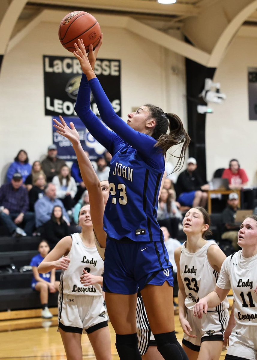 Lydia Reed of St. John with a triple double on Thursday night against Lacrosse. The senior who is committed to Fort Hays State for basketball had 12 points, 13 rebounds, and 10 blocks in the 36-34 win. Reed sits at 6’2 and is among the leaders in the state in blocks. She was also