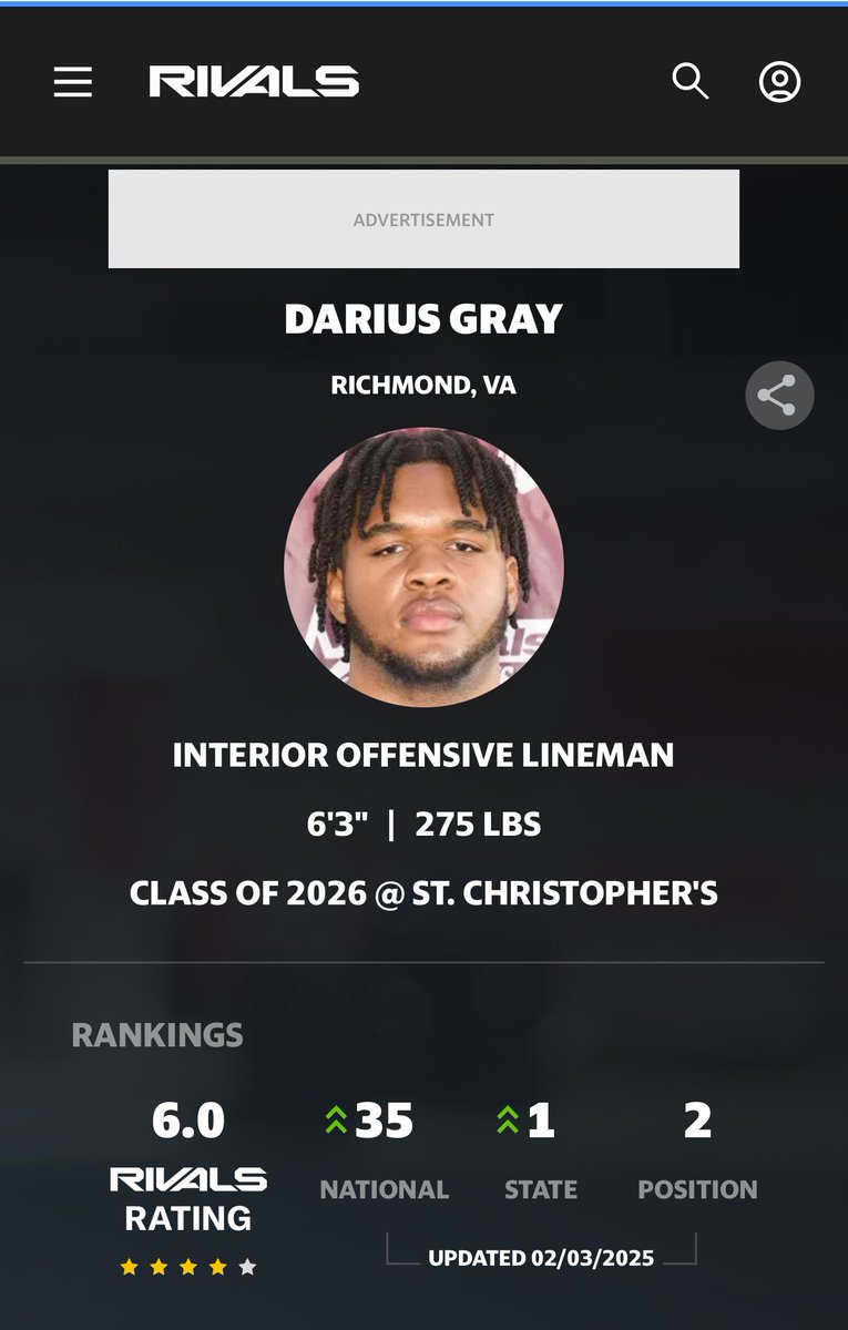 DG (@dariusgrayy_) on Twitter photo Im extremely blessed to be ranked number 35 Nationally and #1 in VA per <a href="/Rivals/">Rivals</a>! Thank you Lord <a href="/adamgorney/">Adam Gorney</a> <a href="/RivalsFriedman/">Adam Friedman</a> <a href="/JohnGarcia_Jr/">John Garcia, Jr.</a> <a href="/GregSmithRivals/">Greg Smith</a> <a href="/samspiegs/">Sam Spiegelman</a> Im extremely blessed to be ranked number 35 Nationally and #1 in VA per <a href="/Rivals/">Rivals</a>! Thank you Lord <a href="/adamgorney/">Adam Gorney</a> <a href="/RivalsFriedman/">Adam Friedman</a> <a href="/JohnGarcia_Jr/">John Garcia, Jr.</a> <a href="/GregSmithRivals/">Greg Smith</a> <a href="/samspiegs/">Sam Spiegelman</a>