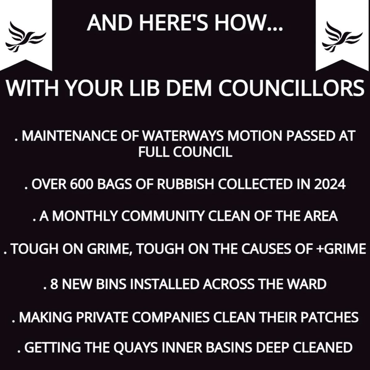 QuaysLibdem's tweet photo. As 2025 progresses we plan to continue pursuing our main pledge to you by keeping our local community as clean as possible.

#libdems #cleanupthequays #salfordquays https://t.co/QzJuKCxRvD
