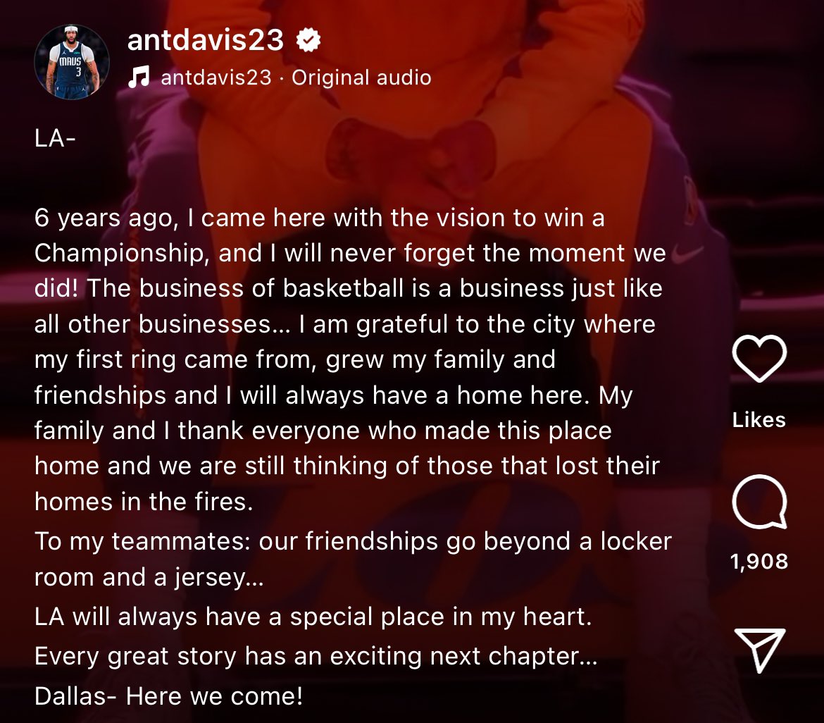 ADHDGoat's tweet photo. Anthony Davis on IG:

yes i am a grown man dropping a tear 😢💔💔💜💜 https://t.co/CkwfE6d1vi