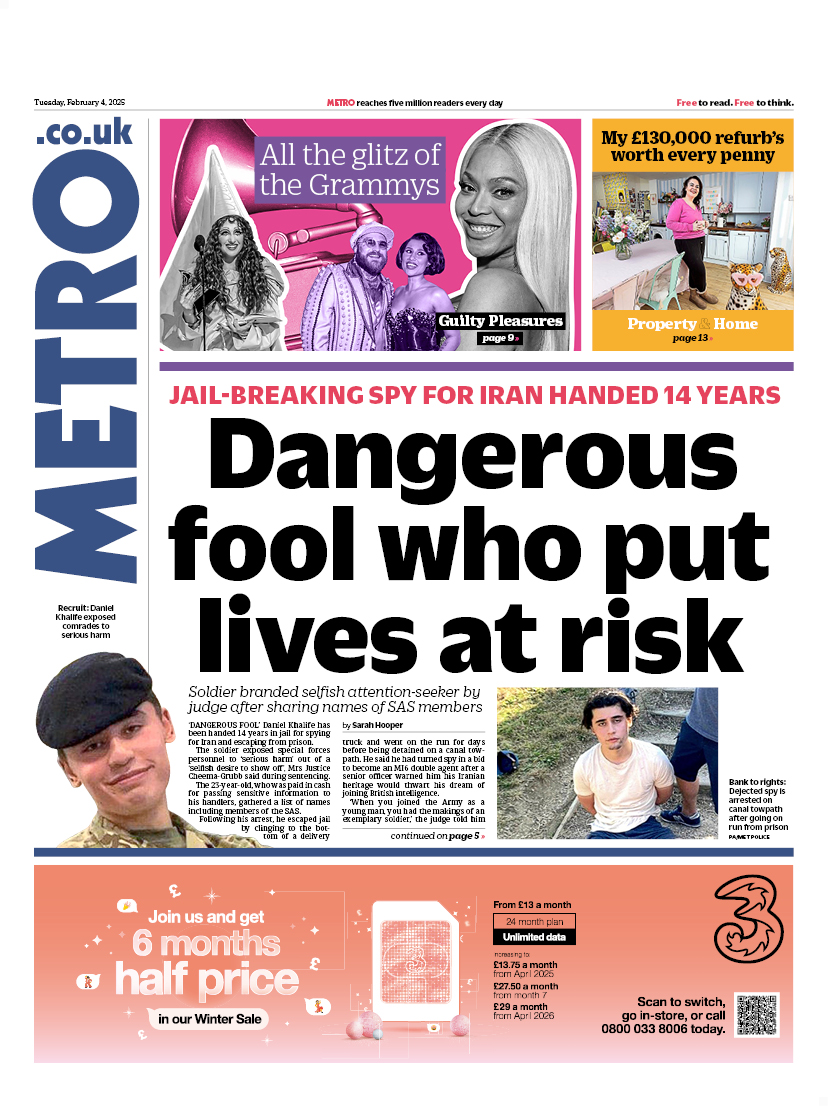 Tuesday's METRO: Dangerous fool who put lives at risk #TomorrowsPapersToday, image size:828x1106