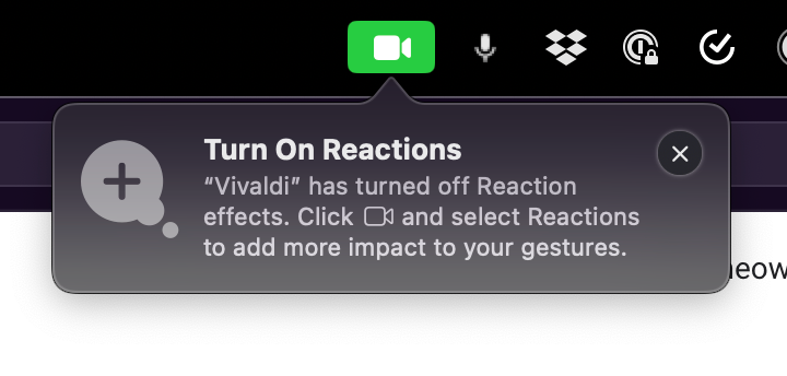 theo's tweet photo. Fun fact: You can NOT MAKE THIS POPUP STOP APPEARING.

The "x" in the corner? It doesn't work. You can't click it. Nothing happens. Clicking the camera icon dismisses it, but the next time your camera is activated it will SHOW UP AGAIN https://t.co/cyDIQG5Rca