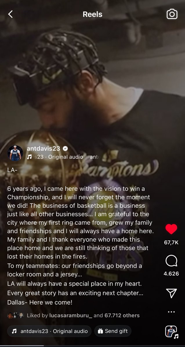 lacejadeLA's tweet photo. El mensaje de despedida de Anthony Davis 💔💔💔 https://t.co/DLFnD4jaVN