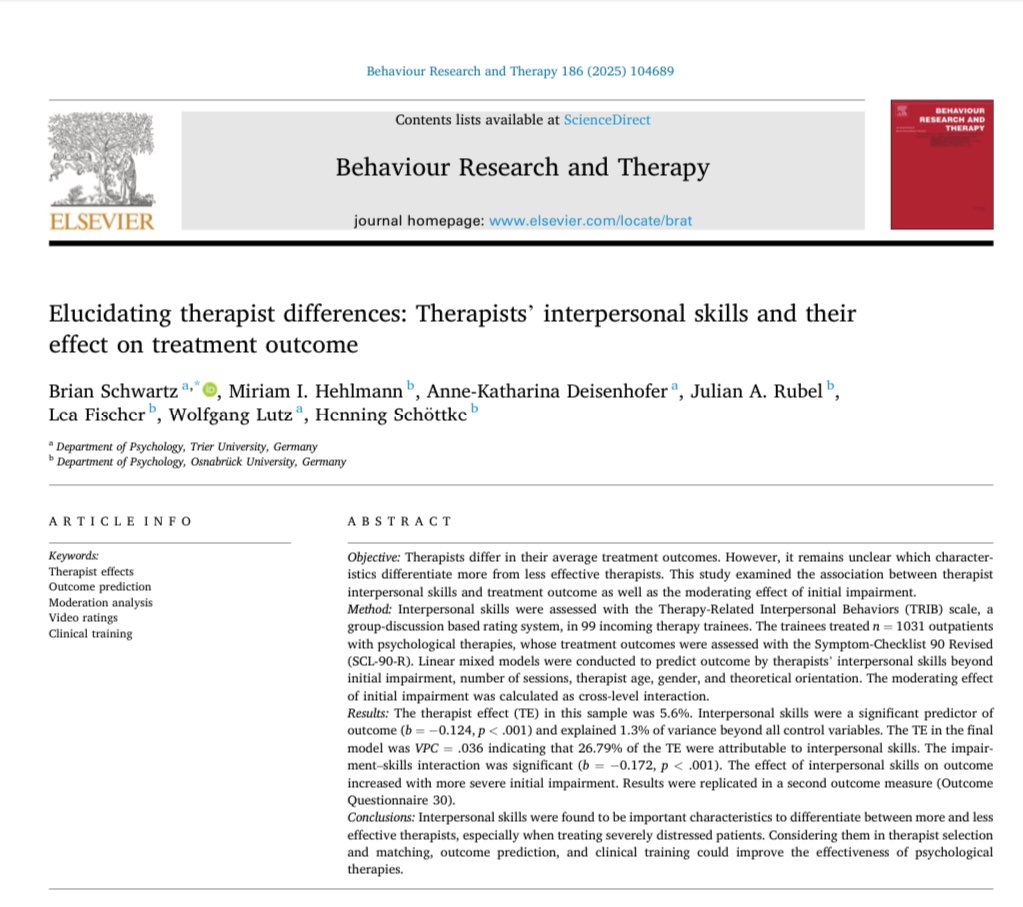 First pub of 2025 with <a href="/LutzPsychRes/">Wolfgang Lutz</a> <a href="/julian_rubel/">Julian Rubel</a> <a href="/Anka00068762/">Ann-Kathrin Deisenhofer</a> @MiriamHehlmann: Therapists’ interpersonal skills before start of training predicted outcomes during clinical training, especially for more severely distressed cases. Open access in BRAT:

sciencedirect.com/science/articl…