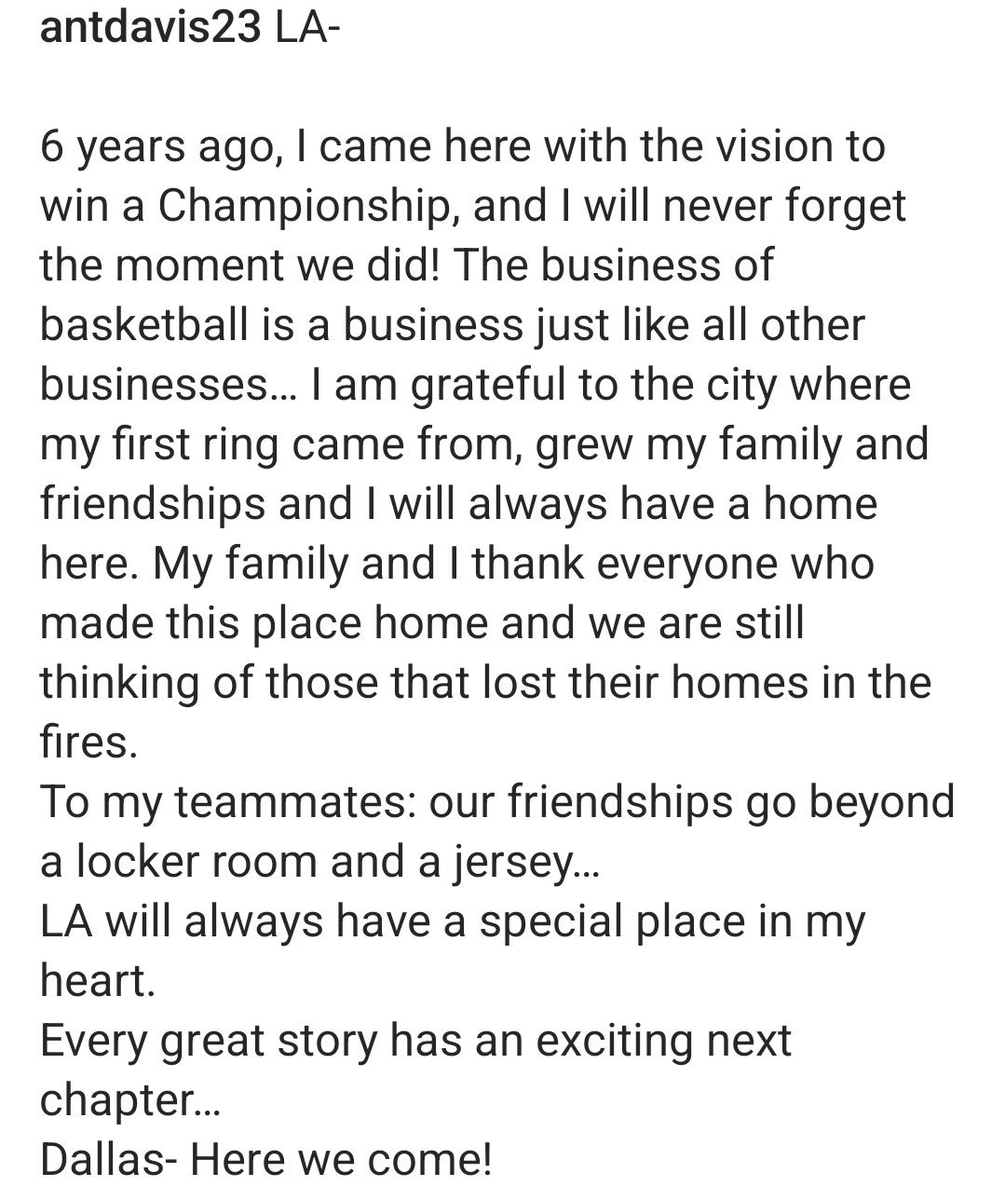 ClutchPoints's tweet photo. "Dallas- Here we come!"

Anthony Davis says his goodbyes to the Lakers on IG 🥹 https://t.co/SF5VGWgMUi