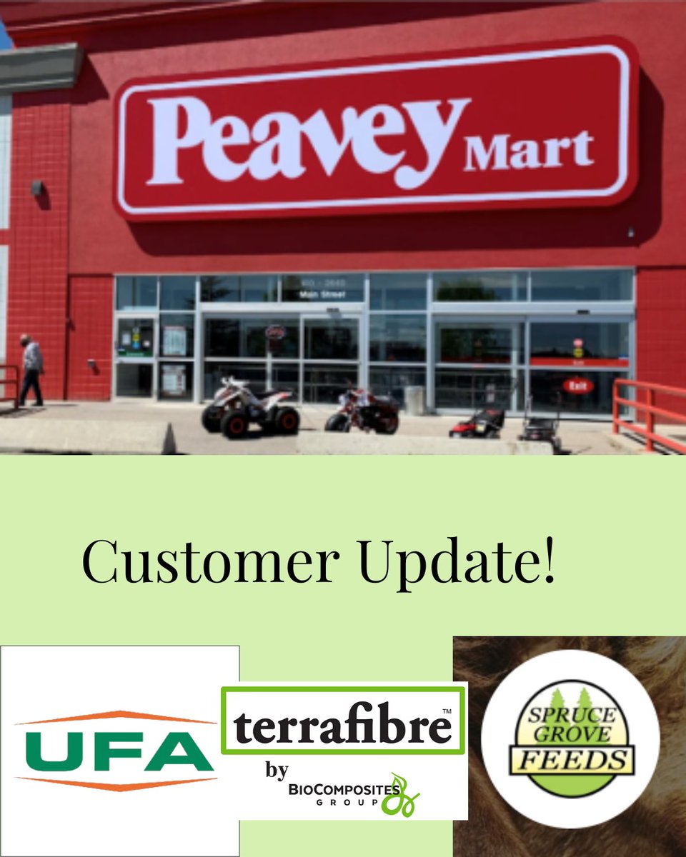 We’re saddened to see Peavey Mart closing its doors, as they've been a valued partner in bringing our products to you. You can now find our products online at UFA Marketplace (ufa.com) and through Spruce Grove Feeds (sprucegrovefeeds.com).