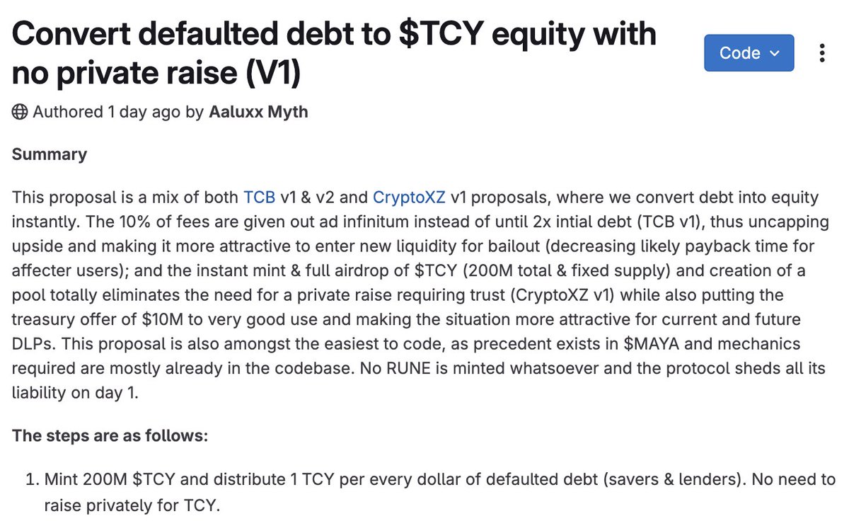 The Plan to Tackle <a href="/THORChain/">THORChain</a>'s $200M Debt Crisis 📊
Last night, the pivotal governance proposal, "Proposal6", pushed by <a href="/AaluxxMyth/">Aaluxx⚡️🍫🛡️</a>, was passed by Node Operators to help bring THORChain out of Hel and back to Valhalla.

$TYC Equity Tokens 🪙

This restructuring effort aims to