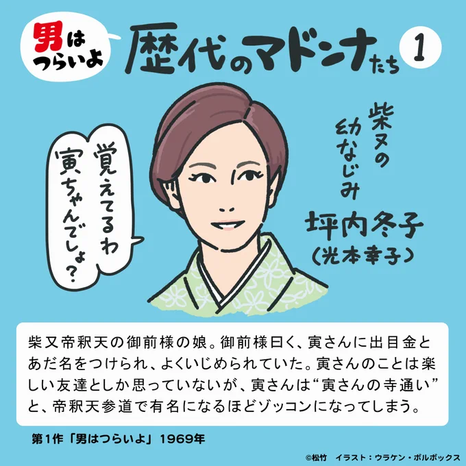 第1マドンナ 御前様の娘
第16マドンナ 御前様の姪

今気づいたけど、この二人親戚じゃないか。この二人が並んで寅さんトークしてるとこ見てみたい。にしても、第10作の御前様の甥っ子(東大理学部助教授)といい、御前様の親戚は高学歴が多い。
#図解寅さん 