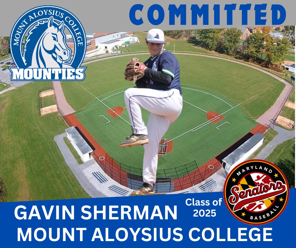 SoMDSenators's tweet photo. ⚾️👀✨SENIOR COMMITMENT: Congratulations to Gavin Sherman, class of 2025, on his commitment to play baseball and further his education at Mount Aloysius College in Cresson, PA. Gavin played for our Senators-Sherman team and attends St. Mary’s Ryken High School.  Gavin is a RHP and plays infield. We are proud of you Gavin and all you have accomplished. #Beundeniable @MAC_Baseball @GavinSherman7