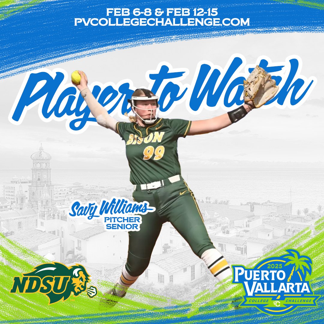PV College Challenge (@pvcollegesb) on Twitter photo ๐ด๐ฅ Puerto Vallarta Bound! ๐๐ฅ
The Puerto Vallarta College Challenge is here, and all eyes are on <a href="/NDSUsoftball/">NDSU Softball</a>'s ace, <a href="/savywilliams03/">savy williams</a>! ๐ช๐ฏ The dominant right-hander is ready to bring the ๐ฅ from the circle as the Bison take on top competition in paradise. ๐โก
Whoโs ready ๐ด๐ฅ Puerto Vallarta Bound! ๐๐ฅ
The Puerto Vallarta College Challenge is here, and all eyes are on <a href="/NDSUsoftball/">NDSU Softball</a>'s ace, <a href="/savywilliams03/">savy williams</a>! ๐ช๐ฏ The dominant right-hander is ready to bring the ๐ฅ from the circle as the Bison take on top competition in paradise. ๐โก
Whoโs ready
