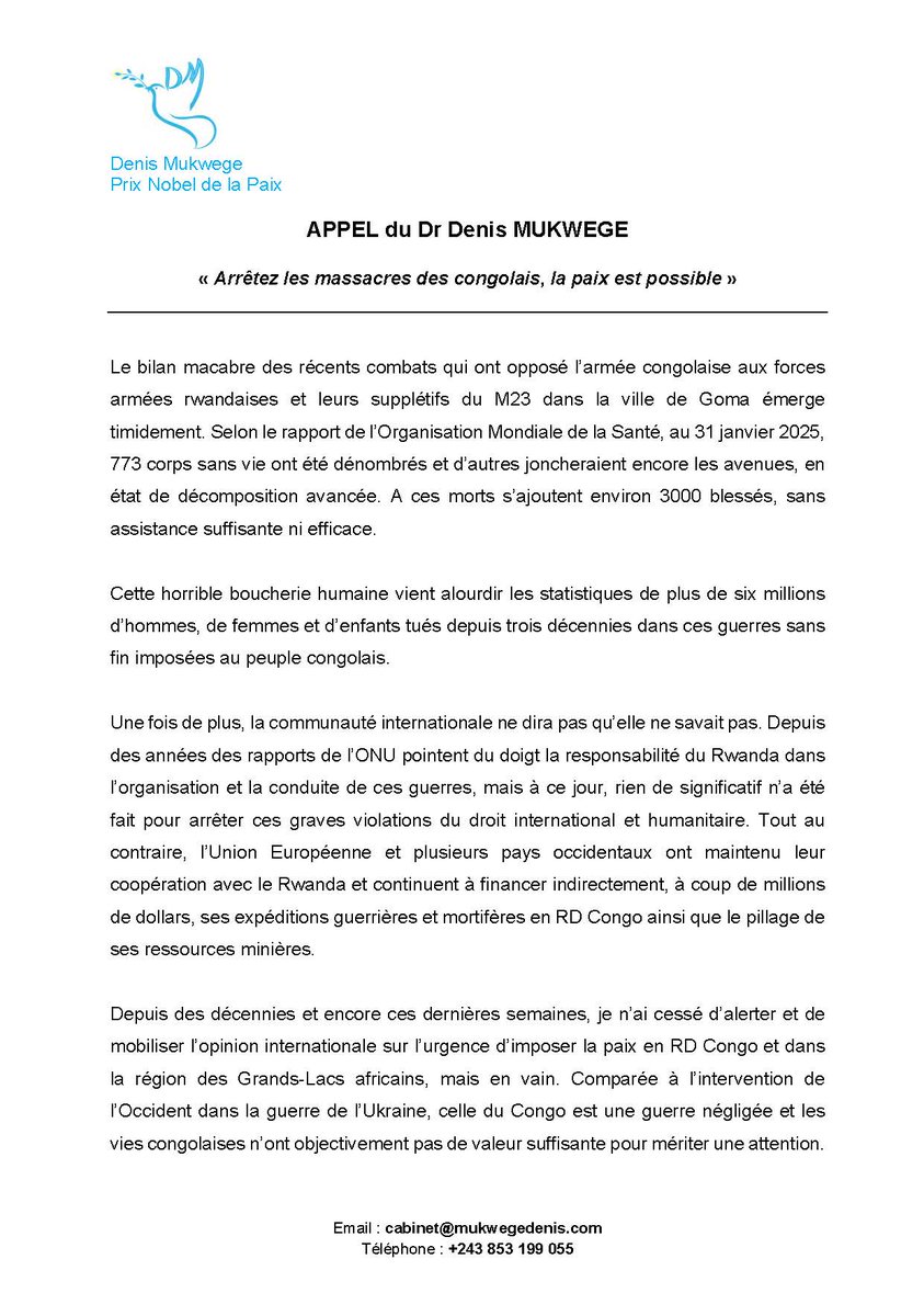 DenisMukwege's tweet image. Le bilan macabre des combats qui ont opposé l’armée congolaise à l&apos;armée rwandaise et ses supplétifs du M23 dans la ville de Goma émerge timidement. 
Mes condoléances aux familles de nos militaires tombés sur le champ d’honneur et à tous ceux qui ont perdu un être cher. Ma…