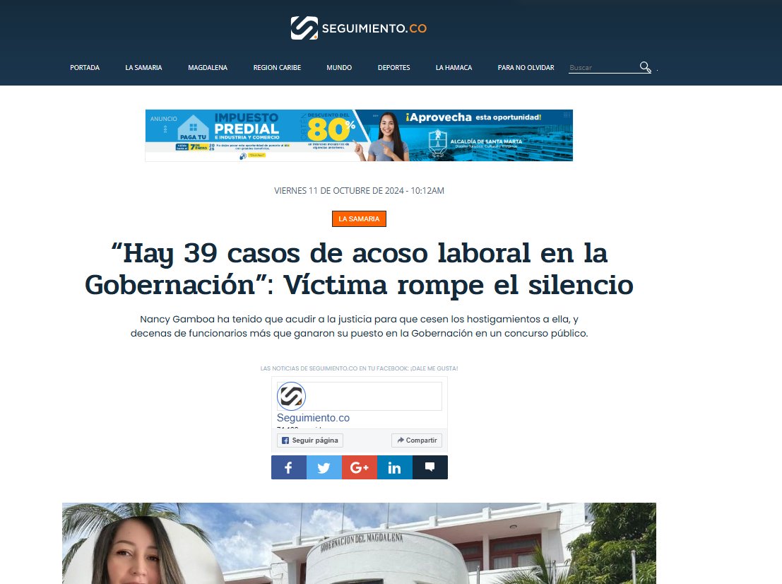 OJO A ESTO: funcionaria de carrera de la <a href="/MagdalenaGober/">Gobernación del Magdalena</a>,  que había denunciado acosos laborales, recibió una amenaza de un hombre que se identificó como perteneciente a un grupo armado: la citaron a un lugar y mencionaron nombres de su familia. Es sobrina de <a href="/CarlosPinedoC/">Carlos Pinedo Cuello</a>