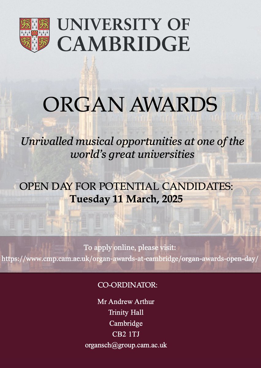 Applications are now open for our Organ Awards Open Day: Tuesday, 11 March 2025. Click here to apply: cambridge.eu.qualtrics.com/jfe/form/SV_00…
DEADLINE Tuesday 4 March.