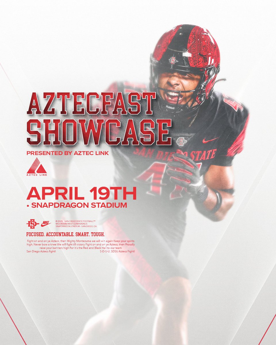 𝗦𝗔𝗩𝗘 𝗧𝗛𝗘 𝗗𝗔𝗧𝗘 🗓️

The 2025 #AztecFAST Showcase presented by <a href="/AztecLink_NIL/">AztecLink</a> will take place April 19th at <a href="/SnapdragonStdm/">Snapdragon Stadium</a>!