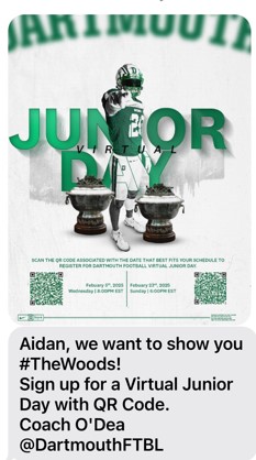 AidanWelchman's tweet photo. ty @DartmouthFTBL for the Junior Day invite. I look forward to visiting and learning more about your campus. https://t.co/HPhLLm2M7o