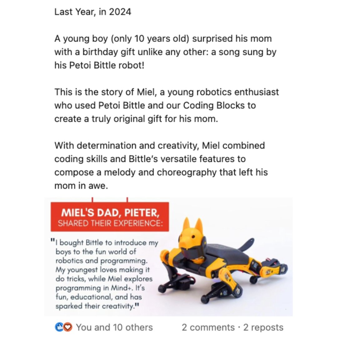 Stories like this remind us why we do what we do! 💡🐾 Robotics has the power to inspire everyone's mind and shape the future—just like it did for Rob's and Pieter's family. 
Thank you for sharing on Linkedin, Rob!   linkedin.com/feed/update/ur…

#Petoi #Robotics #RoboticsEducation