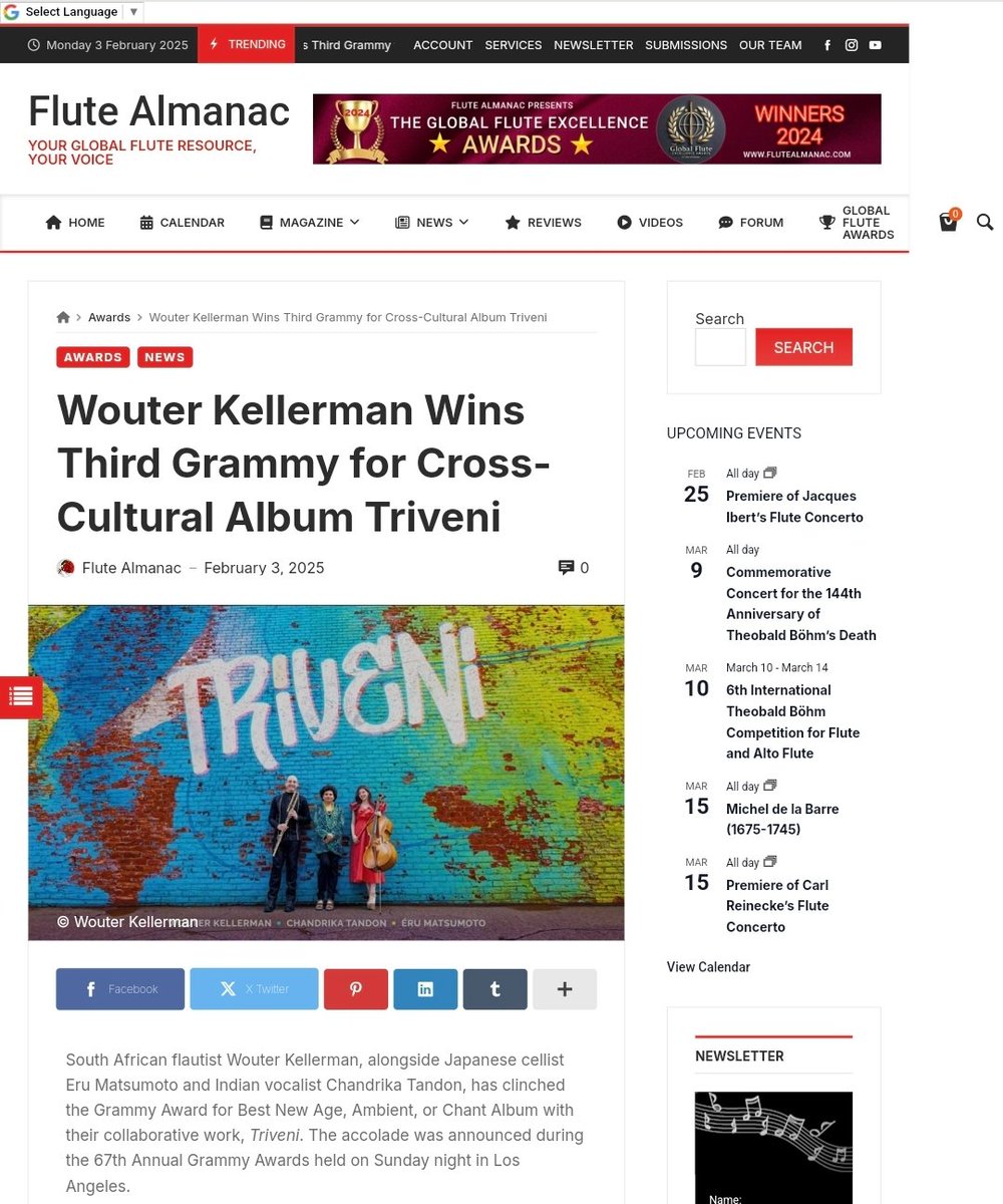🎶🏆 South African flautist Wouter Kellerman has won his third Grammy Award! His album #Triveni, in collaboration with Eru Matsumoto and Chandrika Tandon, took home the award for Best New Age, Ambient, or Chant Album at the 2025 Grammy Awards.

flutealmanac.com/wouter-kellerm…