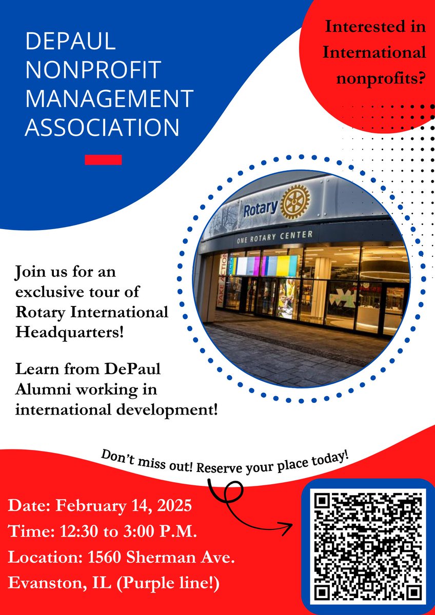 DePaul Nonprofit Management Association is hosting an exclusive tour of the Rotary International Headquarters in Evanston, IL, on February 14th, 2025, from 12:30 PM to 3:00 PM. 
Link: lnkd.in/dZWmCST8
