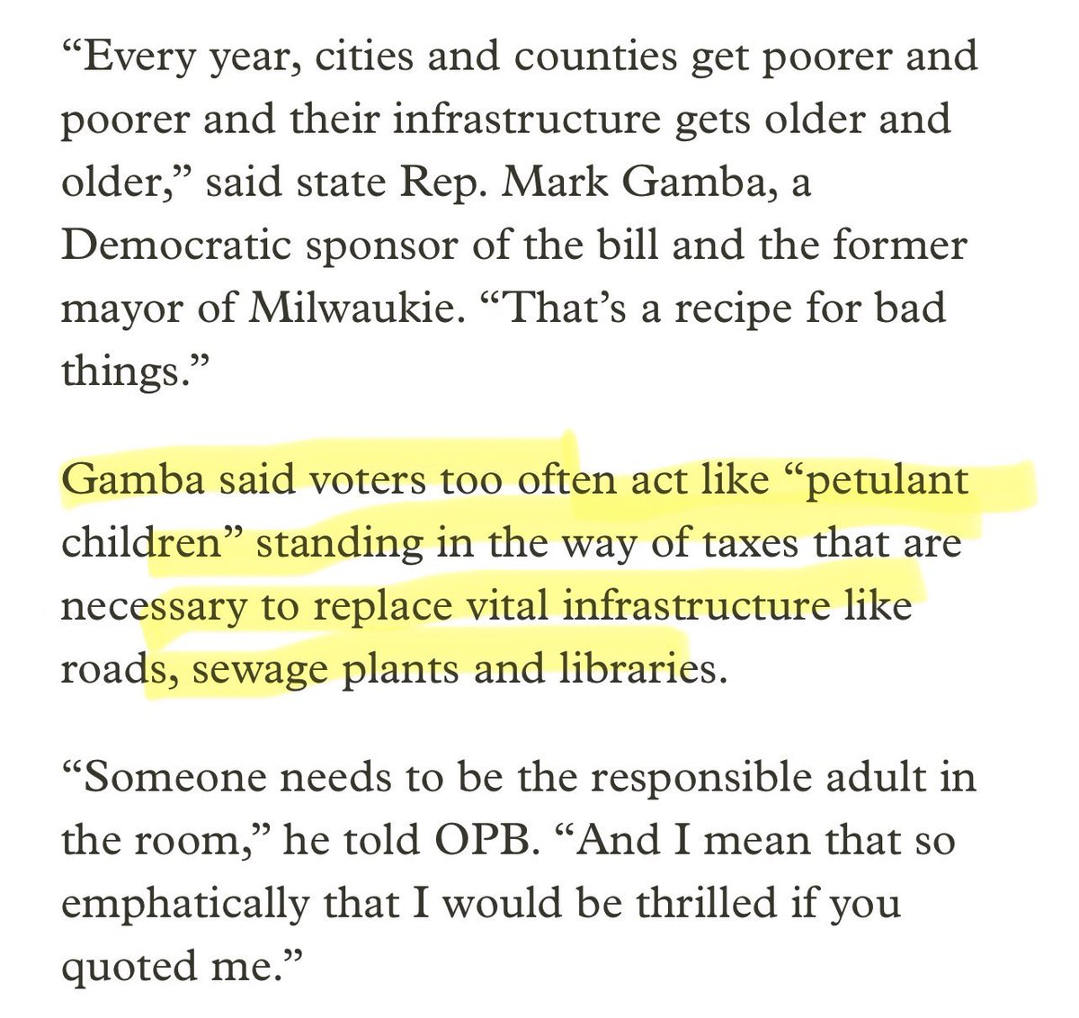 Oregon state representative calls voters “petulant children” for opposing tax increases. #orpol