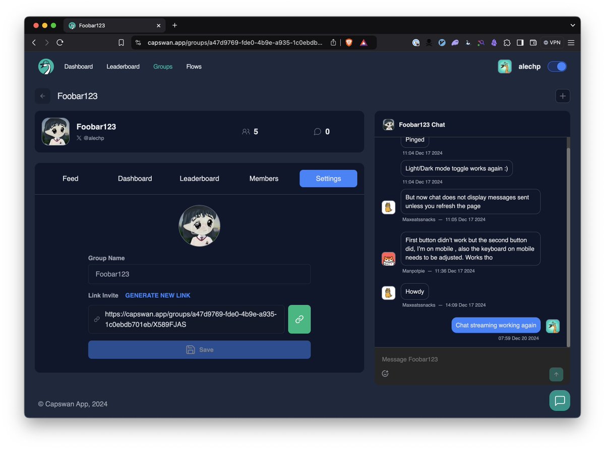 CapswanApp's tweet image. ✅ group settings page 
✅ members list

note: anyone with your invite link can join; click &quot;generate new link&quot; if it leaks