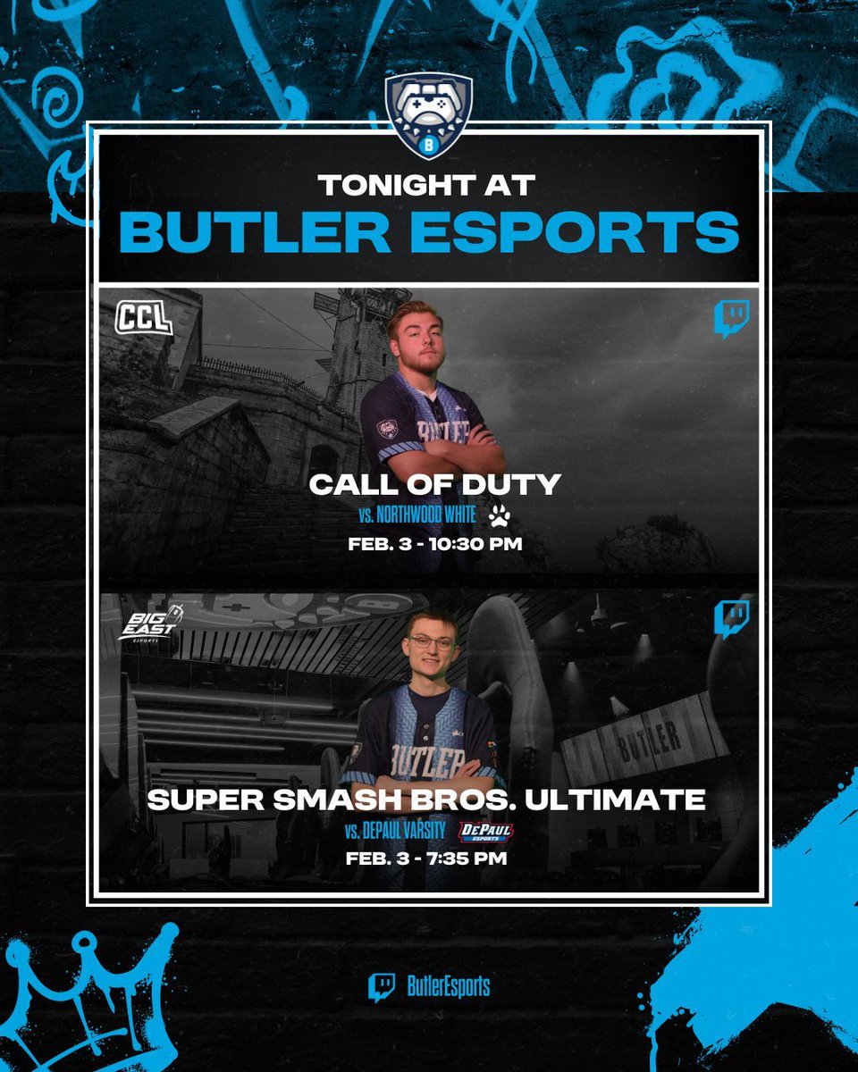 𝐍𝐨 𝐛𝐞𝐭𝐭𝐞𝐫 𝐰𝐚𝐲 𝐭𝐨 𝐬𝐭𝐚𝐫𝐭 𝐭𝐡𝐞 𝐰𝐞𝐞𝐤. 💥 

🎮 #ButlerCOD vs. <a href="/NorthwoodEsport/">Northwood Esports</a> White
🥊 #ButlerSSBU vs. <a href="/DePaulEsports/">DePaul Esports</a>
🔗 twitch.tv/ButlerEsports

GLHF tonight, Dawgs! 🐶 

#ButlerEsports #DawgDiff