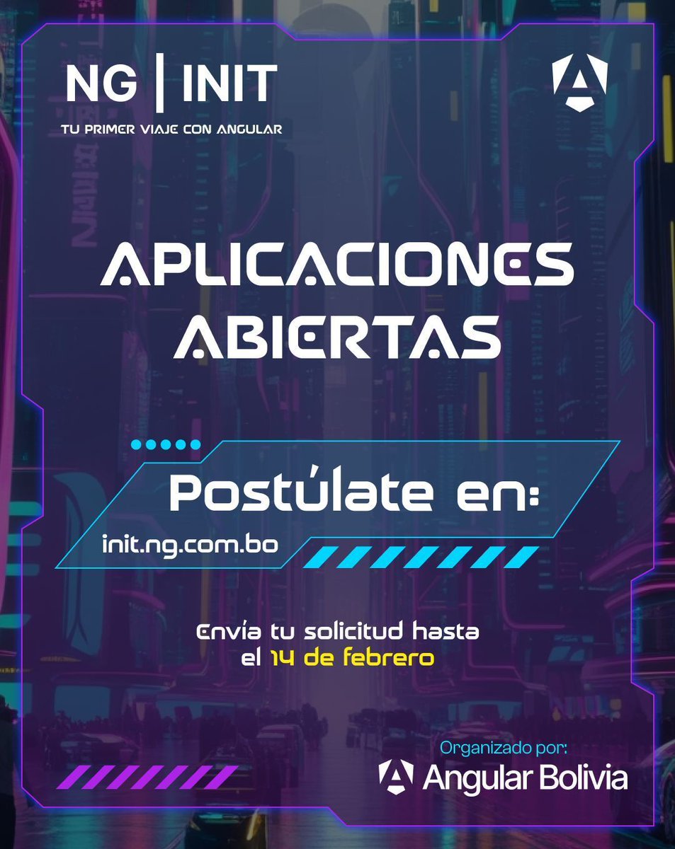 ¿Quieres ser nuestro próximo tripulante y crear tu primera aplicación con Angular? 🚀 ¡Ya puedes enviar tu postulación! 

✅ Envía tu postulación a: buff.ly/4hmJsxx
🔴 Fecha límite: 14 de febrero
Evento presencial

#AngularBolivia #Angular #NgInitBolivia #Desarrolloweb