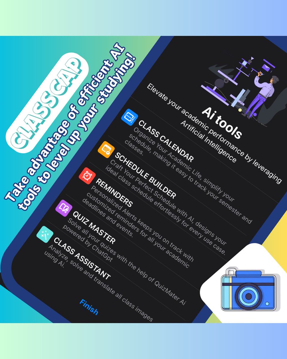 ClassC5762's tweet image. 📚✨ Boost your academic game with ClassCap! 🚀 Take advantage of powerful AI tools like Class Calendar, Schedule Builder, Reminders, Quiz Master, and Class Assistant to stay organized and ace your studies! 💡📖 

#ClassCap #AIforStudents #StudySmart #EdTech