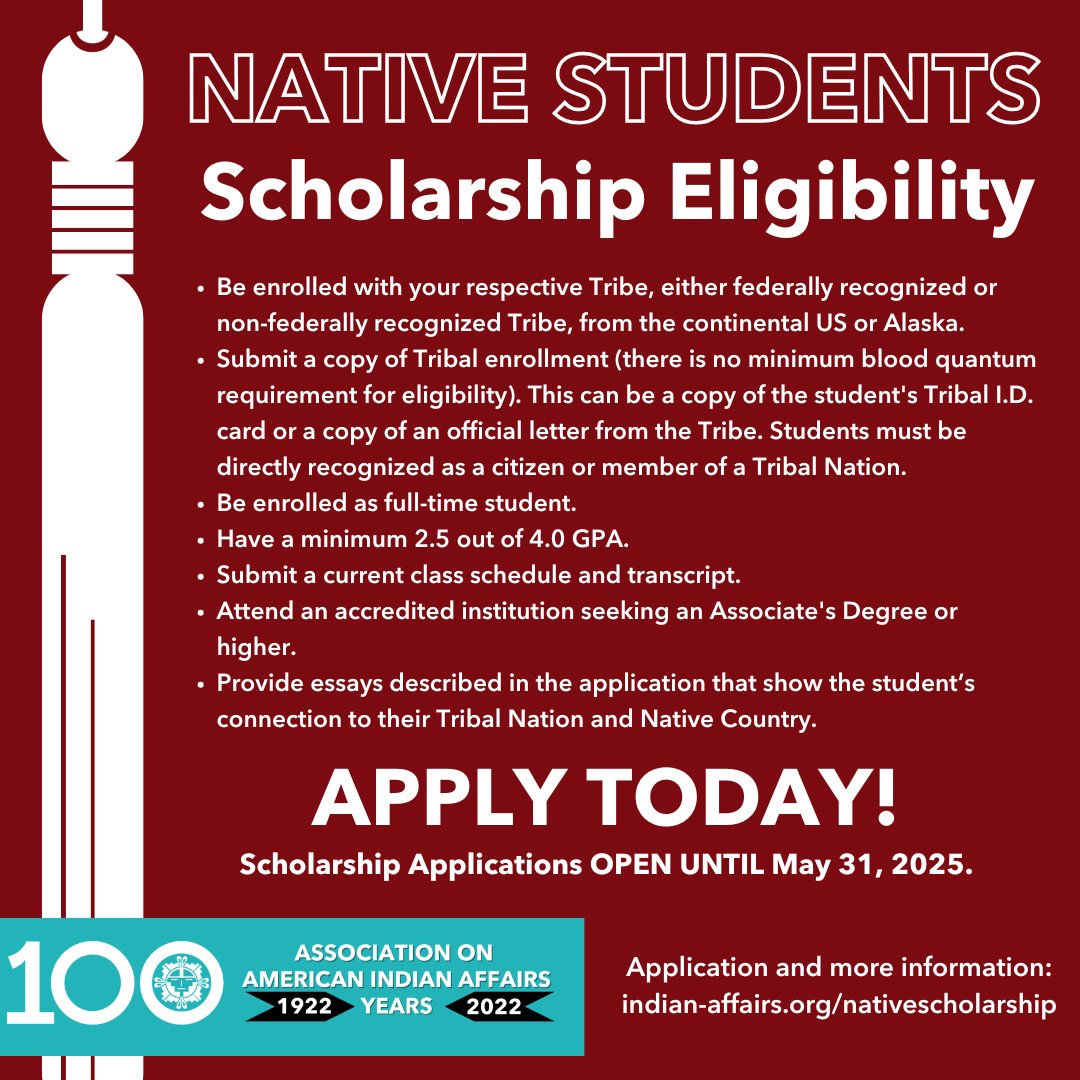✅ LIKE &amp; SHARE: Tell your relatives, friends &amp; coworkers – #scholarship applications for #Native students are now being accepted until May 31, 2025! Apply now!
indian-affairs.org/nativescholars…
#LinkInBio #Undergrad #University #College