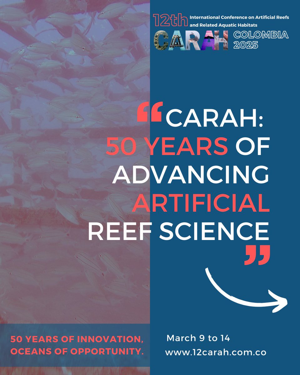 12thCARAH's tweet photo. 🌊 50 Years of CARAH! 🌎

From Houston (1974) to Santa Marta (2025), CARAH has shaped the future of artificial reefs &amp; marine conservation.

📖 Explore its journey &amp; join us for the 12th edition!

🔗 Register now: https://t.co/cbcypoSW3s #CARAH2025 https://t.co/bPEw7IeuNB