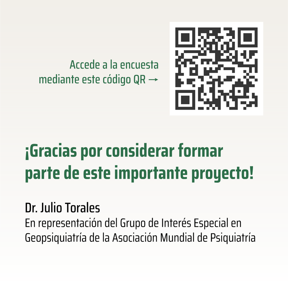 juliotorales's tweet photo. 🌍🧠 Encuesta de Geopsiquiatría: Cambio Climático y Salud Mental 🌱

¡Ayudanos a entender cómo el cambio climático afecta la salud mental! Completá la encuesta y aportá a futuras políticas.

📲 Escaneá el código QR en los flyers para acceder. https://t.co/KnuWixLOYd