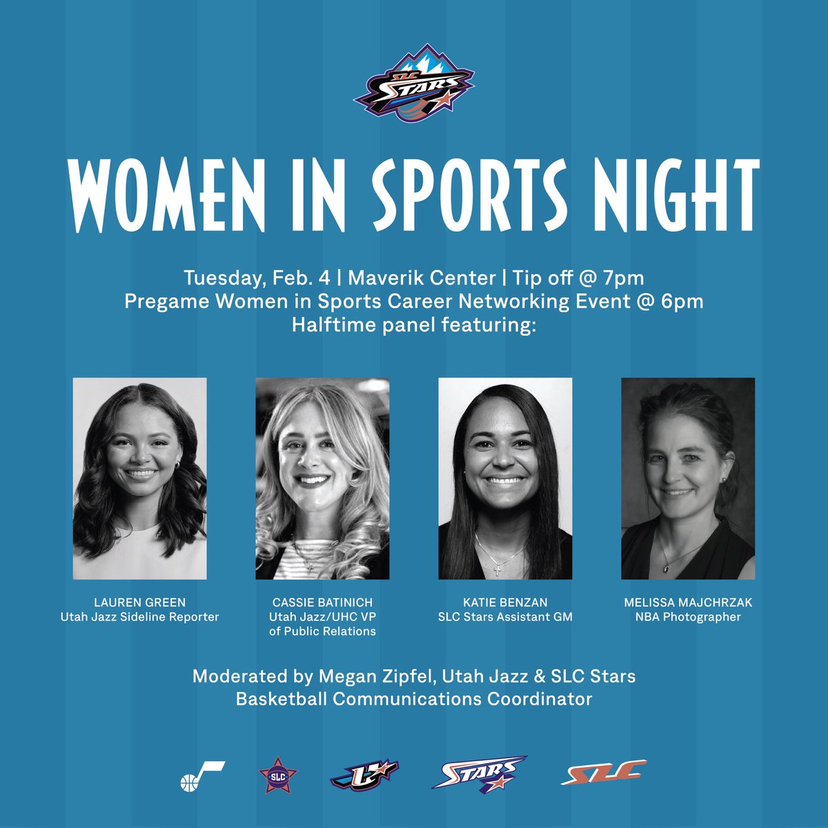 Salt Lake City Stars (@slcstars) on Twitter photo Want to work in Sports?
Join us tomorrow for Women In Sports Night and listen to our talented panel of women!
💥Sports Career Networking Event @ 6PM💥
Halftime panel featuring:
🎤: <a href="/_thelaurengreen/">Lauren Green</a>
💻: <a href="/CassieBat/">Cassie Batinich</a>
🏀: <a href="/katiekbenz/">Katie Benzan</a>
📸: <a href="/lissa363/">Melissa Majchrzak</a>
🎟️: ticketmaster.com/artist/2283757 Want to work in Sports?
Join us tomorrow for Women In Sports Night and listen to our talented panel of women!
💥Sports Career Networking Event @ 6PM💥
Halftime panel featuring:
🎤: <a href="/_thelaurengreen/">Lauren Green</a>
💻: <a href="/CassieBat/">Cassie Batinich</a>
🏀: <a href="/katiekbenz/">Katie Benzan</a>
📸: <a href="/lissa363/">Melissa Majchrzak</a>
🎟️: ticketmaster.com/artist/2283757